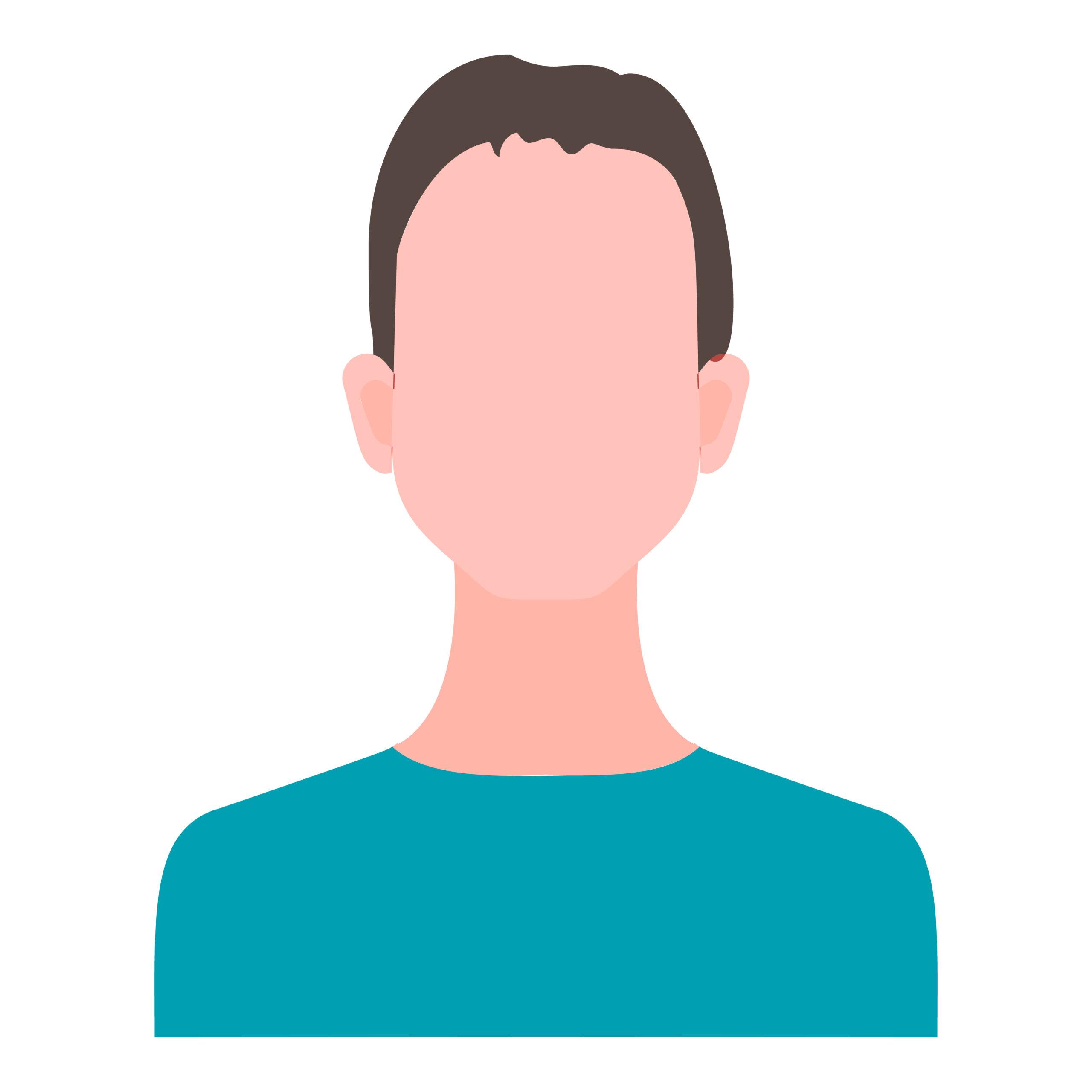 Illustration eines Mannes mit kurzem, braunem Haar und einem blauen Oberteil ohne Gesichtszüge.